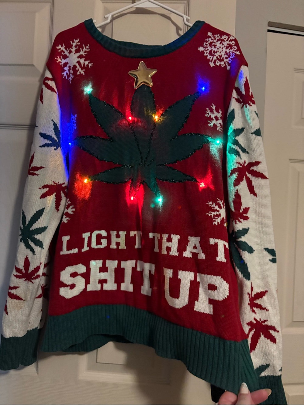 Spencer's Red & White Light-Up Holiday Sweater with Green Leaf